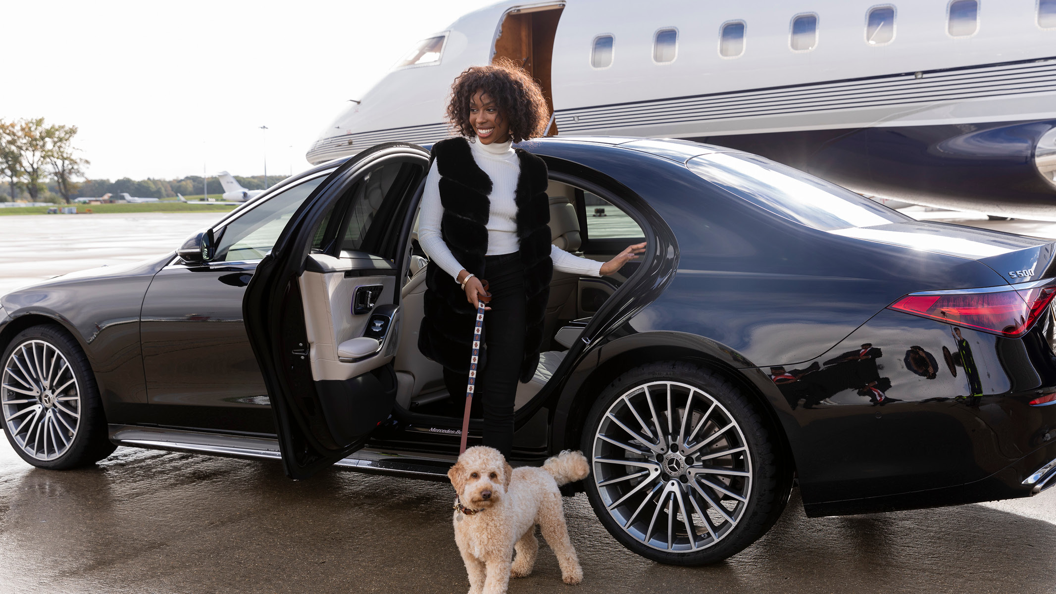 Owner boarding a private jet with their dog