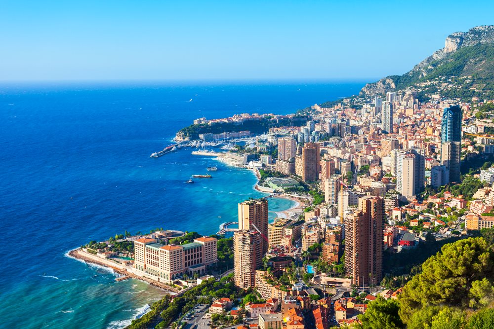 Monte Carlo, Monaco aerial panoramic view. Monaco is a country on the French Riviera near France in Europe.